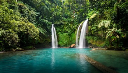 lush tropical rainforest with twin waterfalls cascading into a tranquil pool