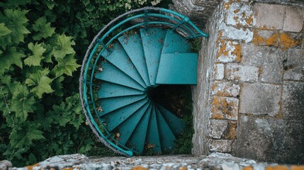 Fototapeta premium Spiral staircase amidst overgrown greenery and stone ruins