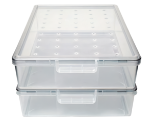 Stack of two clear plastic storage boxes with lids on a transparent background