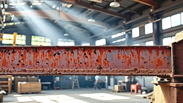 an industrial setting large rusted metal beam foreground bathed beams of sunlight streaming high windows. beam's surface heavily corroded showcasing vibrant red-orange color patches of rust....