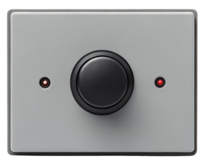 Gray control panel with large black rotary knob on a transparent background
