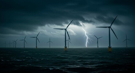 Wind turbines in the ocean with lightning strike under a stormy sky view