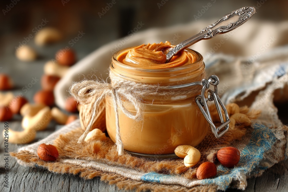 Poster delicious peanut butter jar surrounded by nuts on a rustic wooden table