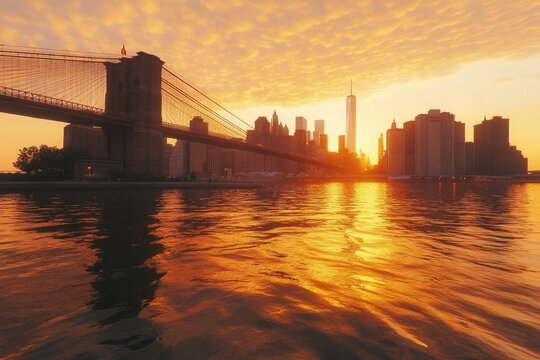 Brooklyn Bridge Golden Hour Cityscape Skyline, New York City Scenic Water Reflection