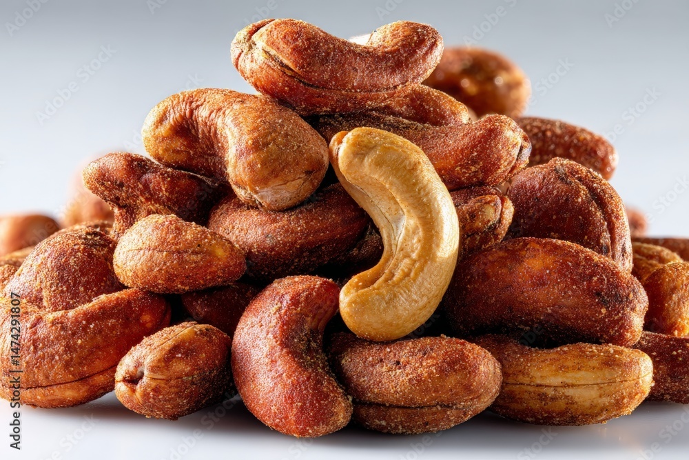 Poster cashew nuts piled high with a single bright nut featured prominently in a close-up shot on a clean b