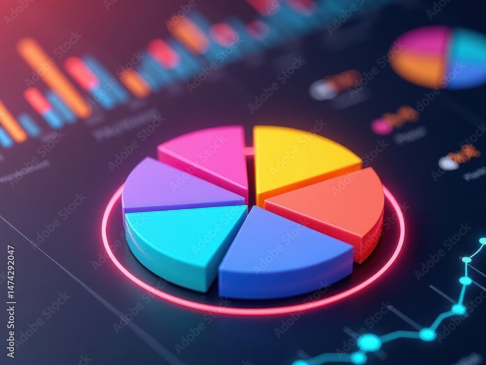 Aufkleber a 3d icon of a pie chart with glowing segments in corporate colors, hovering over a sleek dashboard,