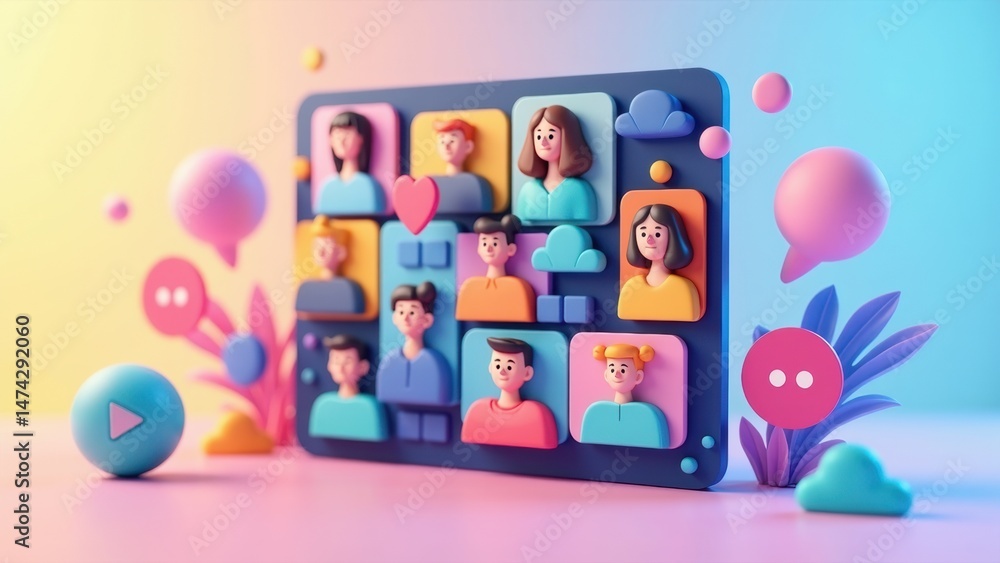 Poster a 3d icon of a video call grid with tiny faces, modern remote work communication style.