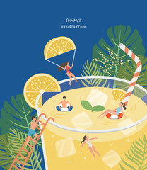 summer illustration with swimmers in lemon juice