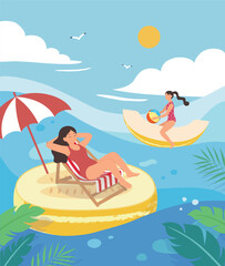 Obraz premium summer illustration with people swimming and relaxing in korean melons in the sea