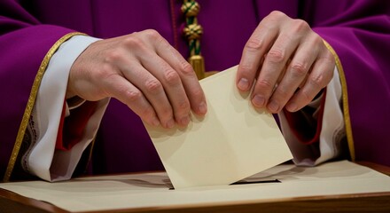 Obraz premium A person in purple robes tearing and depositing a paper into a ballot box