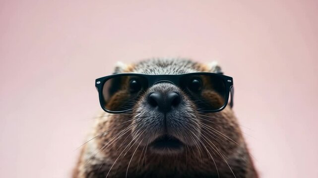 Funny beaver wearing sunglasses sniffing and looking at camera