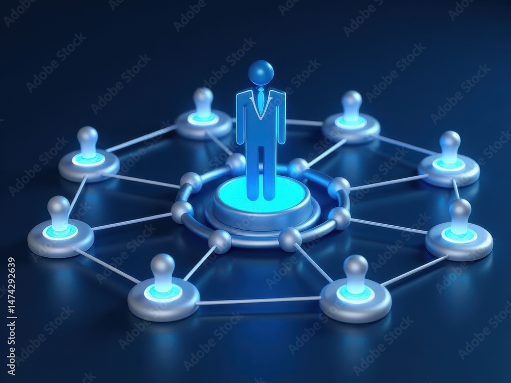 Poster a 3d networking with interconnected dots forming a web, glowing blue nodes, symbolizing professional