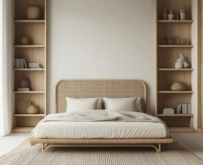 Modern Minimalist Bedroom with Beige Linen Bedding and Gold Bamboo Headboard