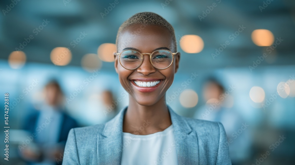 Poster digital technology enables a businesswoman in an office to use a tablet for research, web developmen
