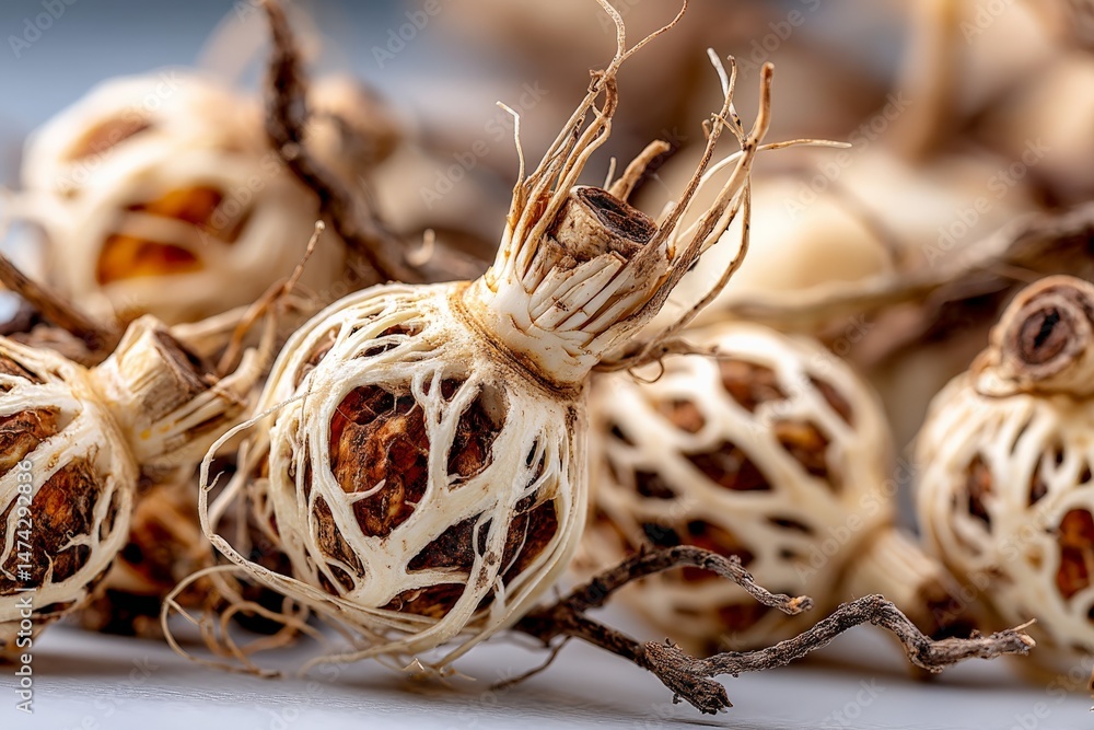 Poster Unique roots displayed on a surface show intricate detailing and texture in a natural arrangement