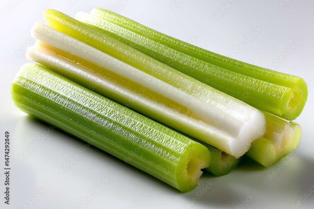 Poster fresh green celery stalks stacked on a white surface ready for use in cooking or snacking
