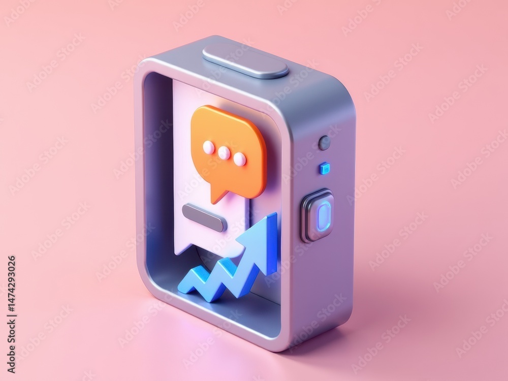 Poster a 3d icon with a speech bubble and rising arrow, symbolizing presentations, soft gradient background