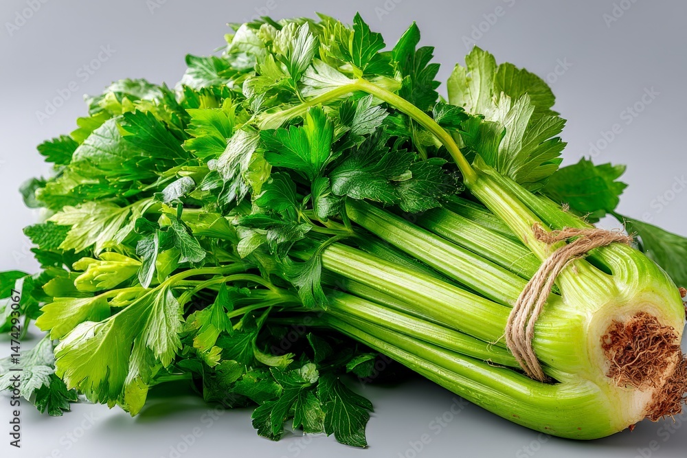 Poster freshly harvested celery with vibrant green leaves tied with string against a neutral background