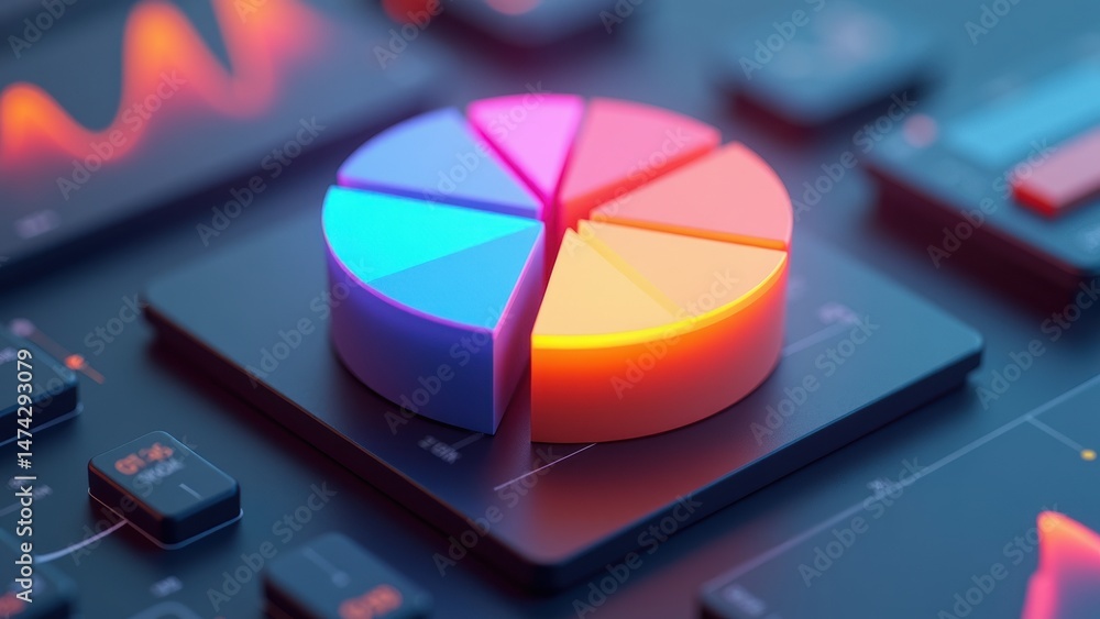 Poster a 3d icon of a pie chart with glowing segments in corporate colors, hovering over a sleek dashboard,