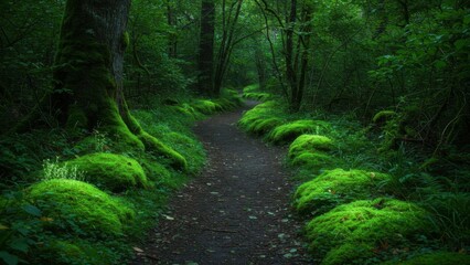 Fototapeta premium Lush green forest path through nature