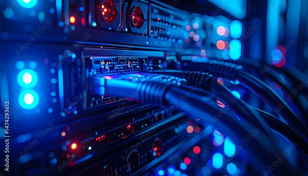 Aufkleber data transmission event in server room digital infrastructure high-tech environment close-up
