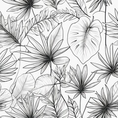Botanical line art of tropical leaves and flowers in a clean