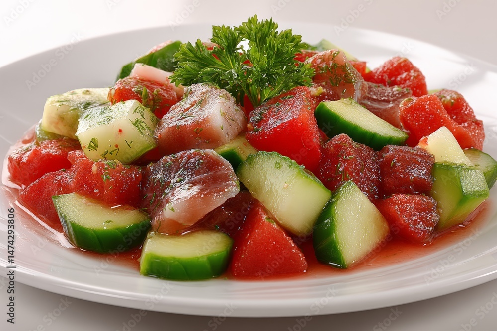 Aufkleber fresh vegetable and fruit salad served on a white plate garnished with parsley in a bright setting