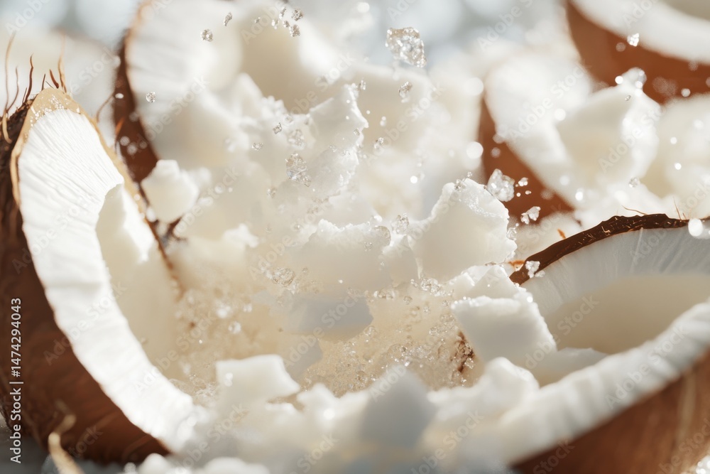 Poster close up view of cracked coconuts with water droplets in the air creating a refreshing scene