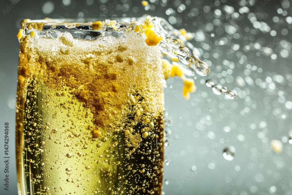 Poster Bubbling drink splashes in a glass creating an energetic display in a festive setting
