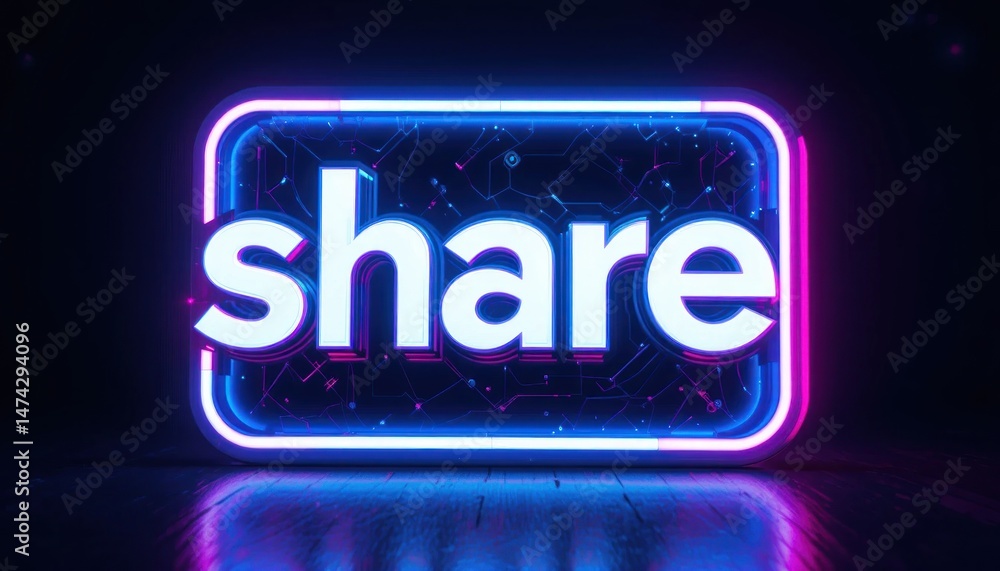 Poster share illuminated: glowing neon sign with circuit board texture background