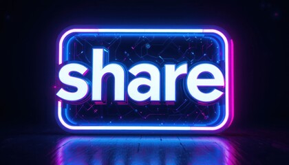 Share Illuminated: Glowing Neon Sign with Circuit Board Texture Background