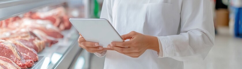 Inspecting fresh meat quality grocery store food inspection modern environment close-up view