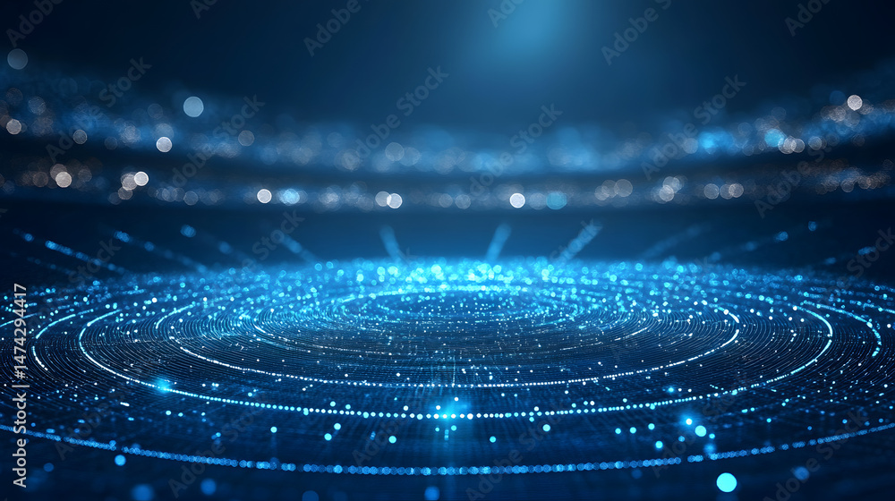 Poster futuristic arena design featuring concentric blue and white glowing dots. the arrangement creates de