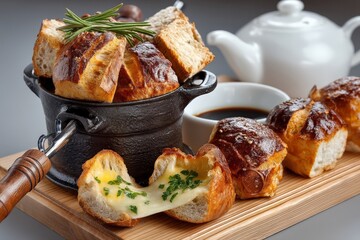 Freshly baked rolls served with cheese and herbal garnish in a rustic kitchen setting