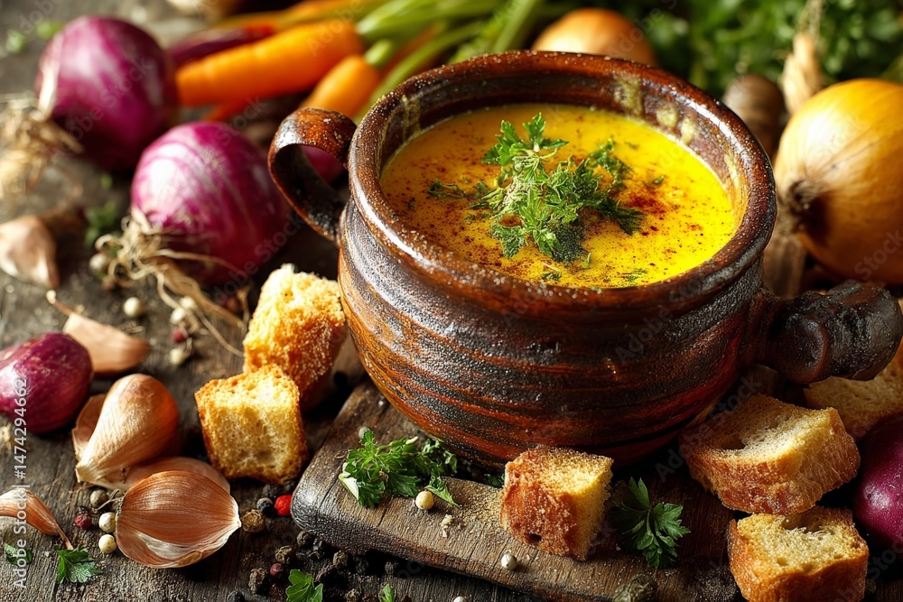 Poster warm soup with fresh vegetables and herbs in a rustic setting on a wooden table
