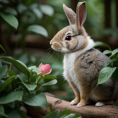 Fototapeta premium 静かな森で佇むウサギ – 可愛らしい野生動物 “Wild Rabbit in a Forest – Peaceful Nature Scene”