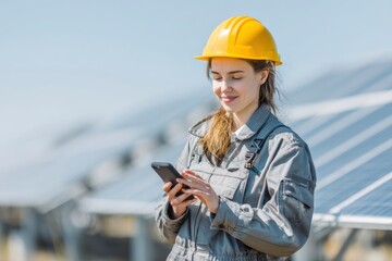 Woman in Hardhat Using Smartphone Near Solar Panel