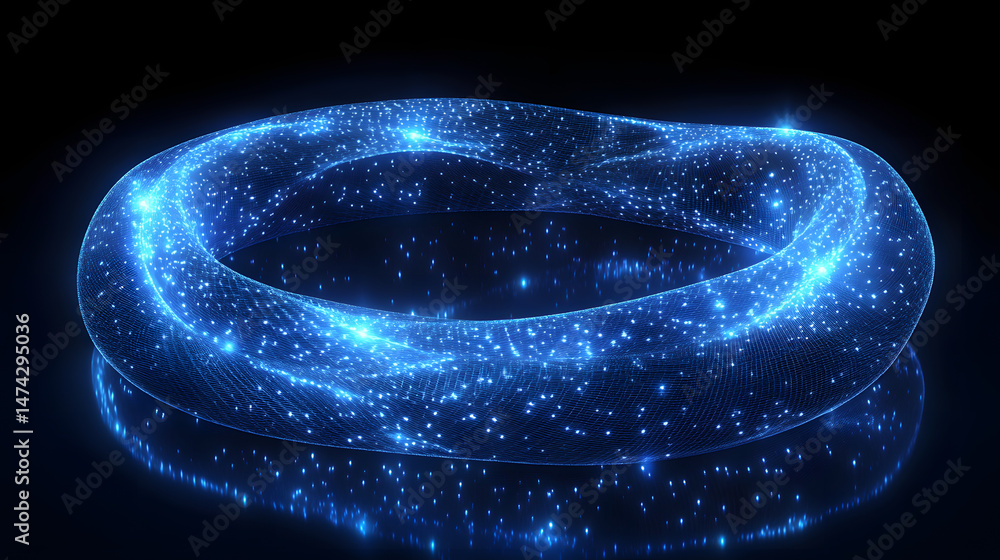 Aufkleber abstract torus illuminated against darkness. glowing blue points, a grid-like design, and surreal re