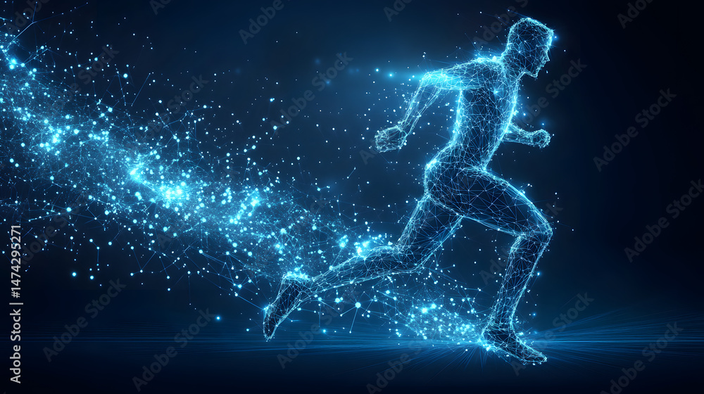 Aufkleber Dynamic runner depicted as a glowing blue network of points and lines, showcasing movement and energy. The dark gradient background enhances the figure's luminescence. Abstract wireframe in dark blue.