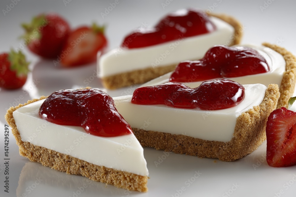 Poster fresh strawberry cheesecake slices on a plate with vibrant strawberry toppings and a graham cracker 
