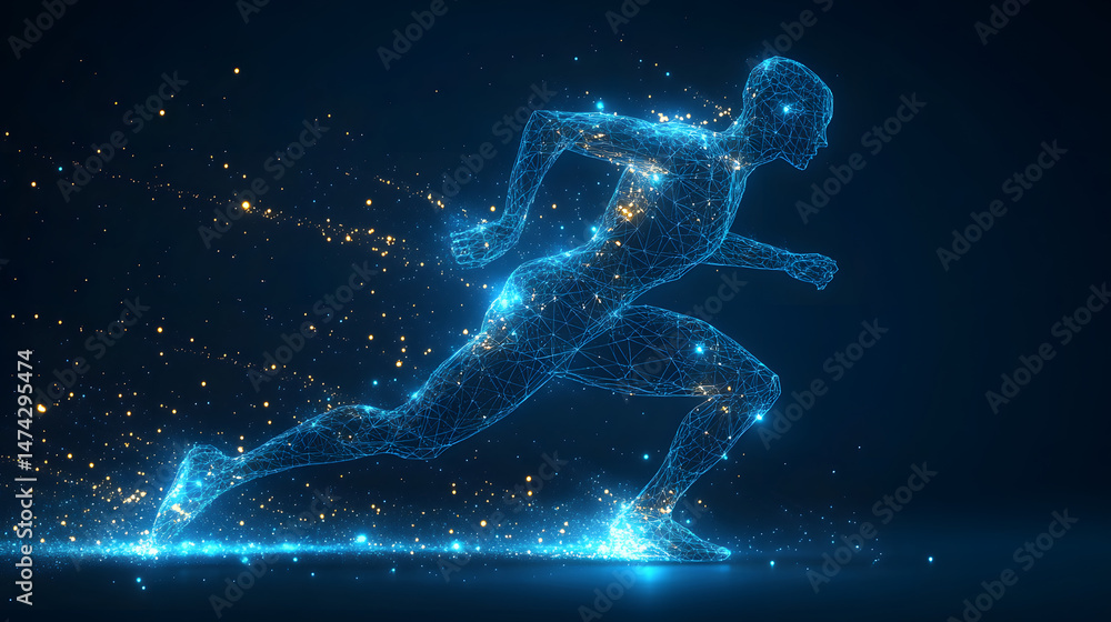 Fototapete dynamic digital artwork showcasing a runner formed from interconnected blue lines, radiating energy.