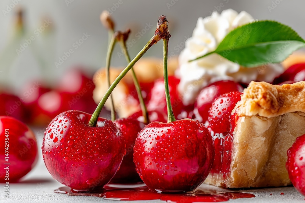 Poster fresh cherries and cherry pie on a white table with droplets of water reflecting light and vibrant r