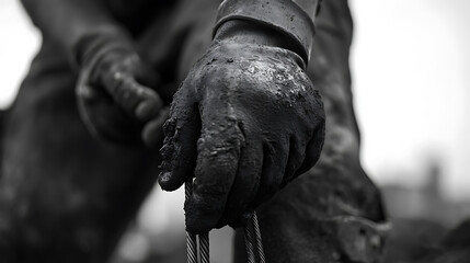 Close-up of Dirty Hands Holding a Wire on a Construction Site
