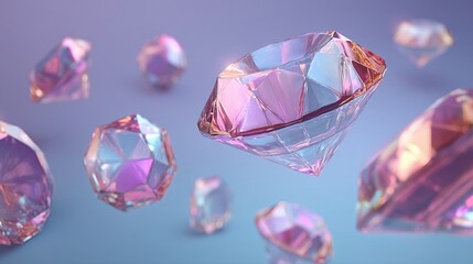 Fototapeta premium A radiant array of shimmering gems floats against a soft, pastel backdrop, catching the light and creating an ethereal, dreamlike ambiance. The light catches each angle for a brilliant show.