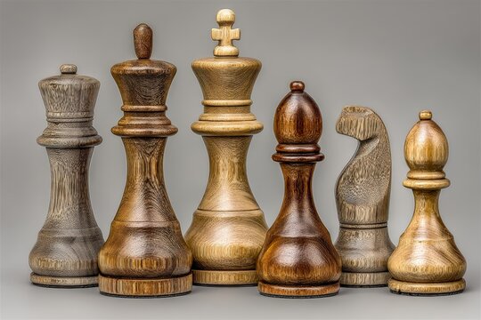 Intricate wooden chess pieces arranged elegantly showcasing craftsmanship and detail at a game setup