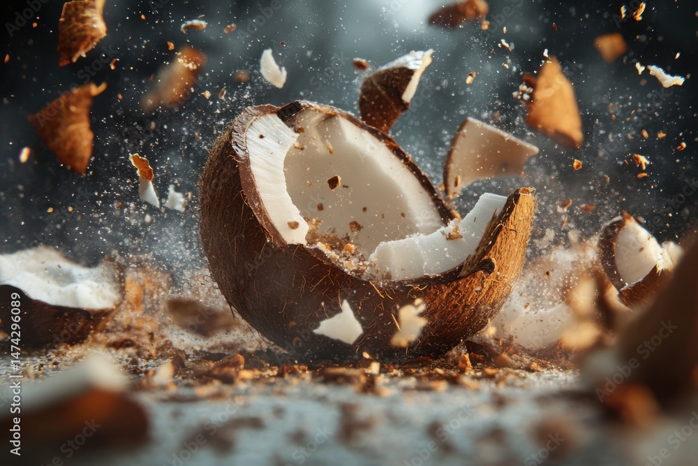 Aufkleber a coconut exploding with pieces of shell and coconut meat flying through the air in a dark environme