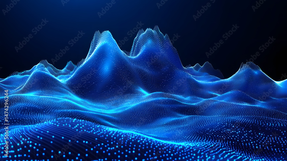Aufkleber Abstract wireframe landscape of interconnected blue dots forming rolling hills. Futuristic and technological environment in varying blue gradients creating depth. Abstract wireframe in dark blue.