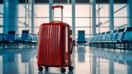 Cheap Flight Day - red luggage at the airport. Big contrast between the glass modern airport and the bag