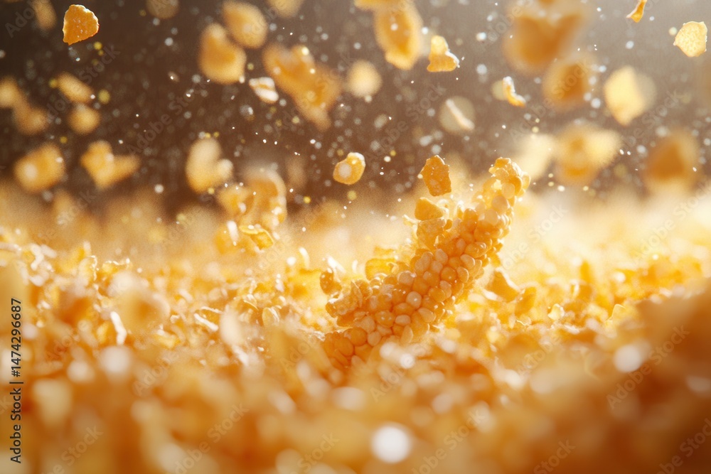 Poster close up of corn on the cob with kernels flying in the air on a blurred background in bright light