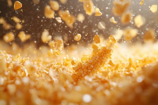 Close up of corn on the cob with kernels flying in the air on a blurred background in bright light